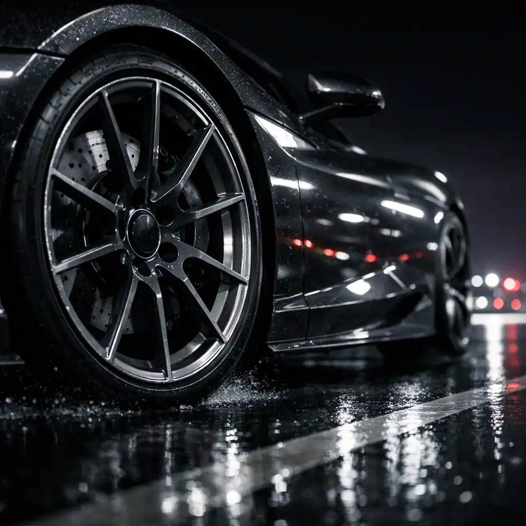 Detal przedniego koła i niskiego nadwozia sportowego samochodu nad mokrym asfaltem nocnej autostrady