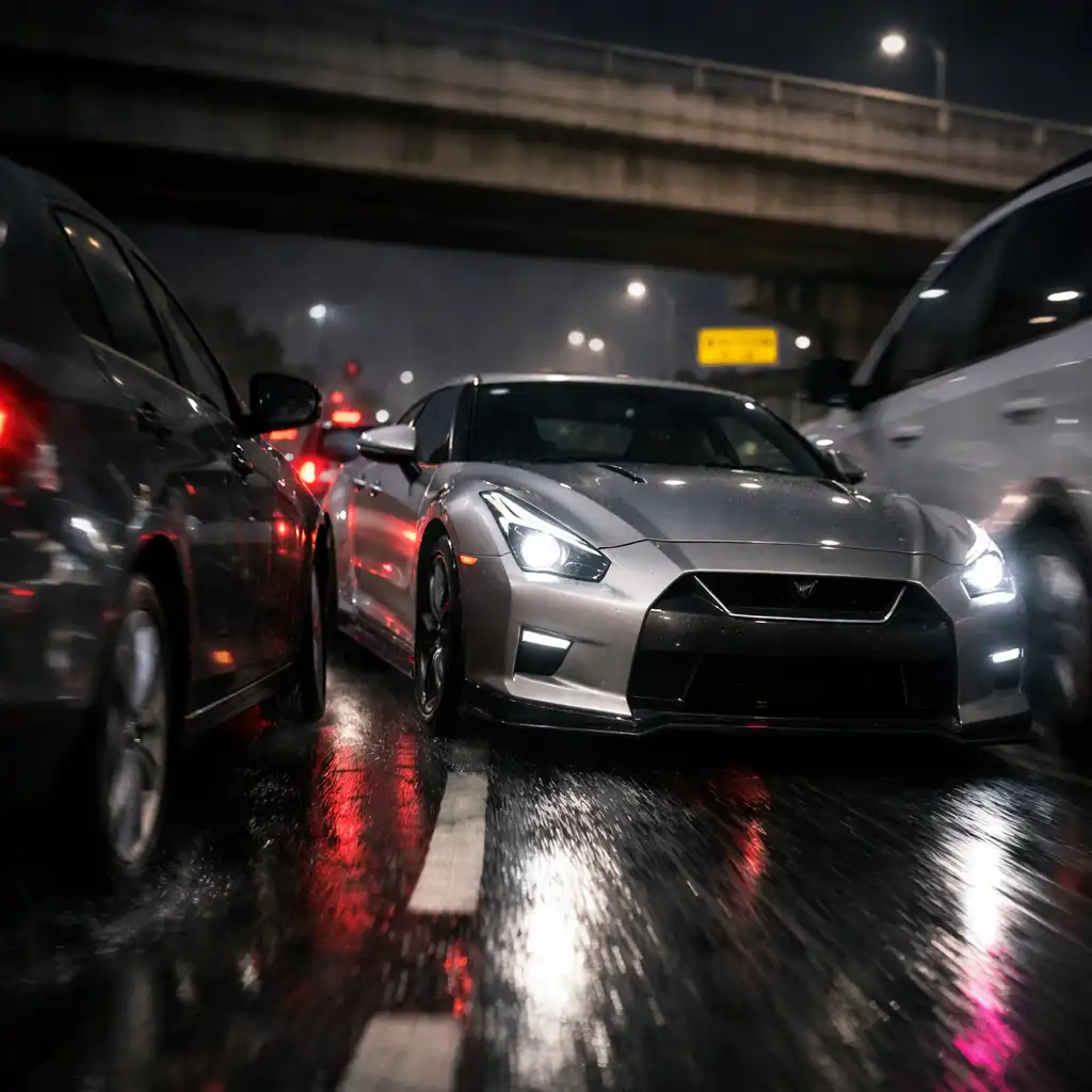 Auto w grze przejeżdża nocą przez wąską lukę między samochodami na autostradzie.