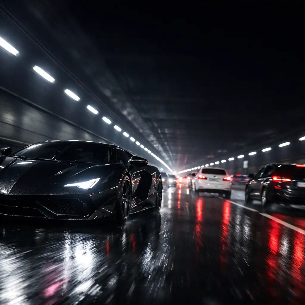 Ciemny supersamochód na nocnej autostradzie między autami i światłami ruchu