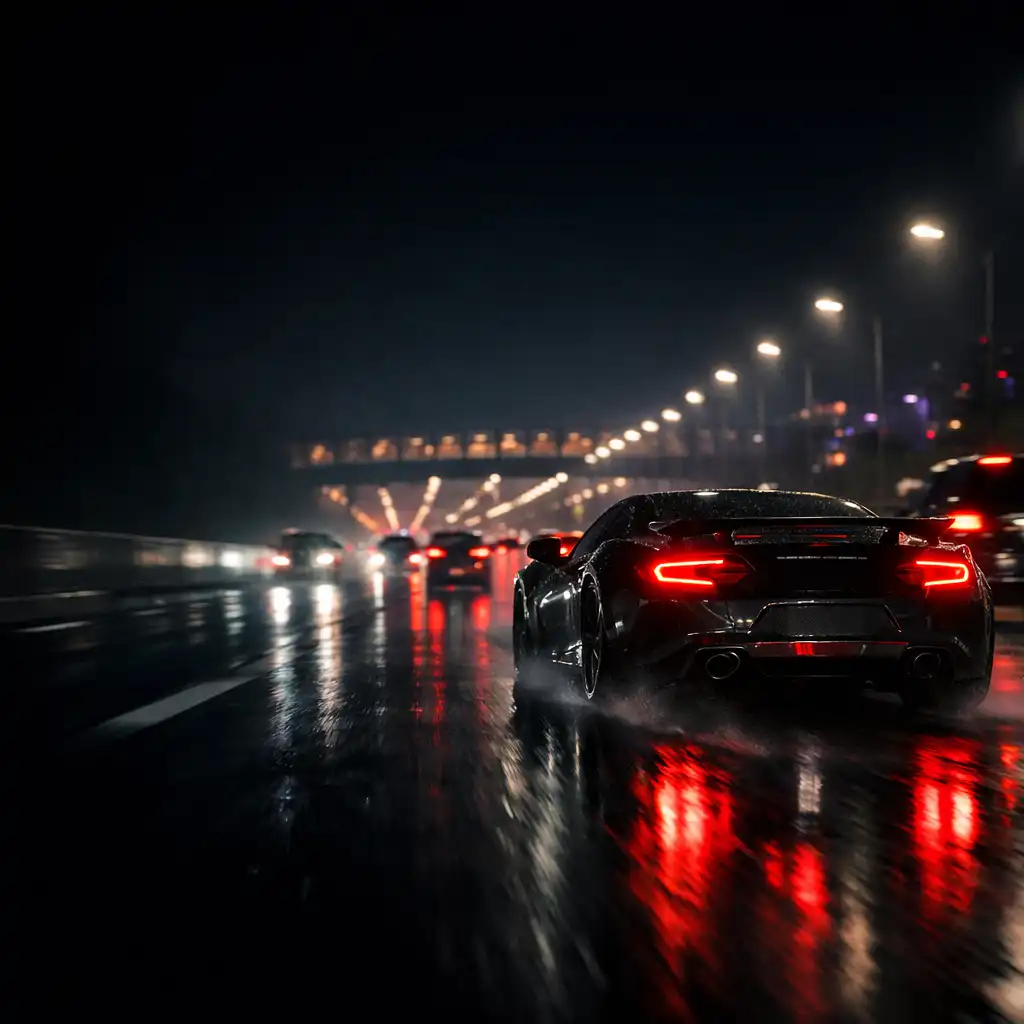 Sportowy samochód mija nocny ruch na mokrej autostradzie