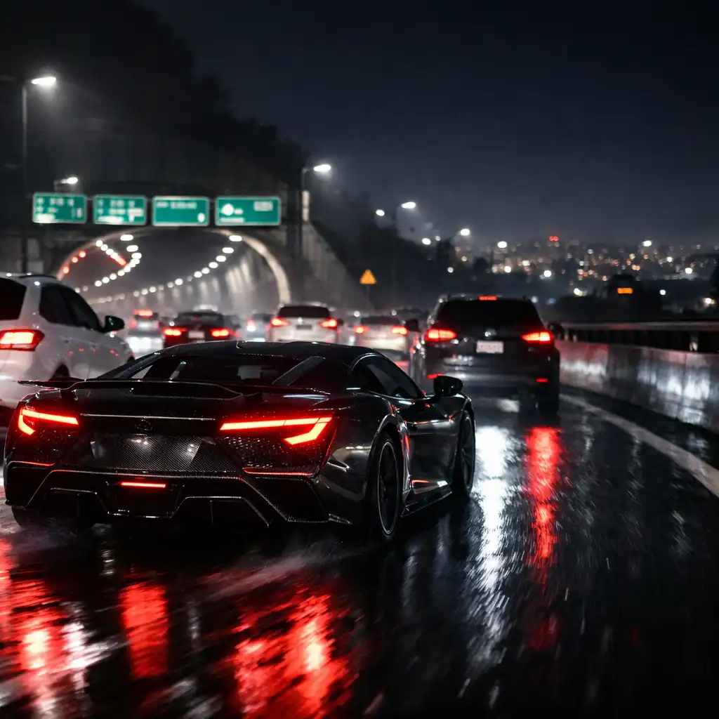 Ciemny supersamochód jedzie nocą po mokrej autostradzie między gęstym ruchem.