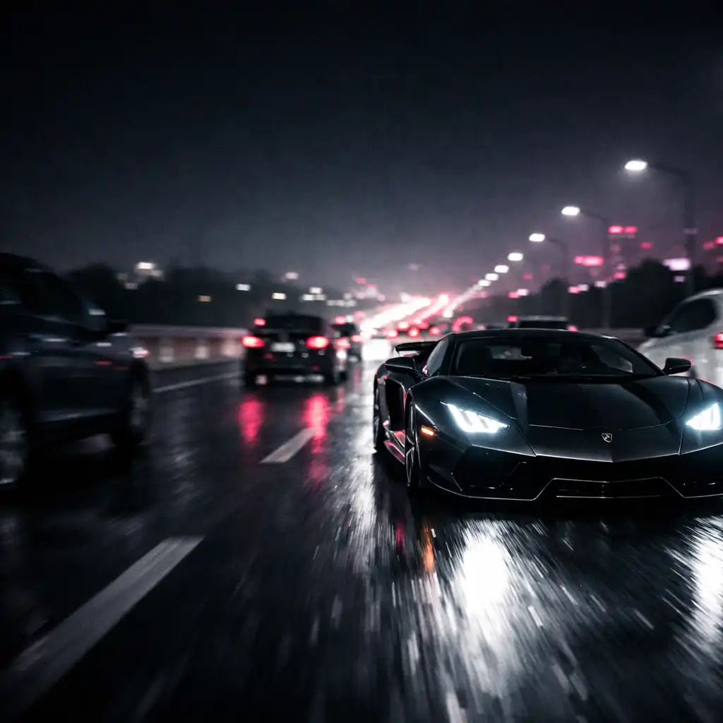 Supersamochód na mokrej nocnej autostradzie wśród ruchu ulicznego