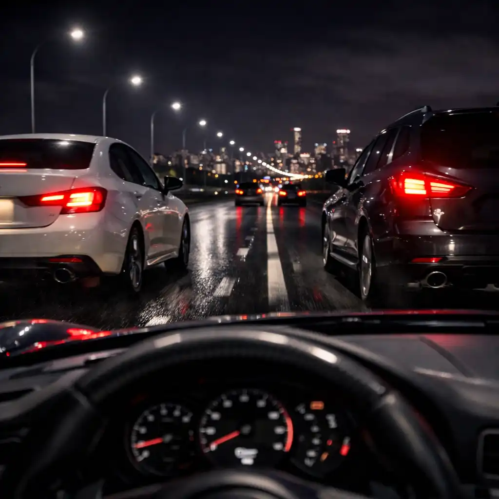 Sportowy samochód zbliżający się do luki między autami na oświetlonej nocnej autostradzie