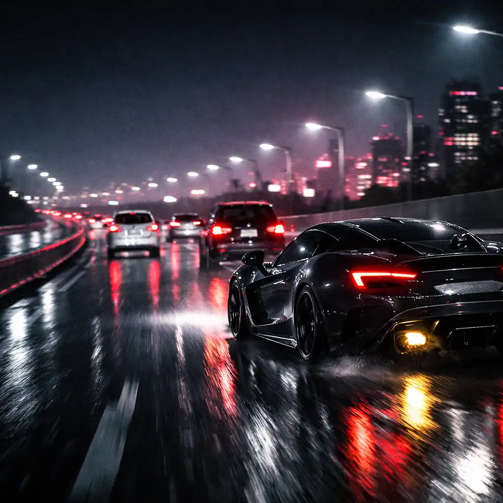 Ciemny supercar mija ruch na mokrej nocnej autostradzie