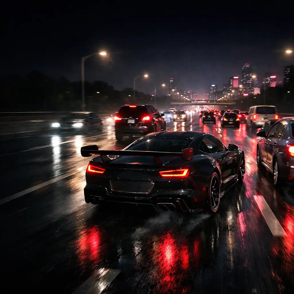 Sportowy samochód wykonujący pewny manewr między pasami nocnej autostrady