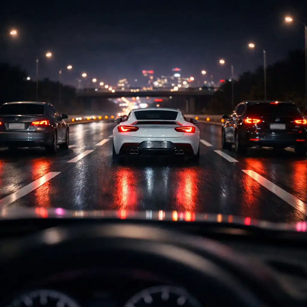 Widok na lukę między wolniejszymi samochodami na nocnej trzypasmowej autostradzie