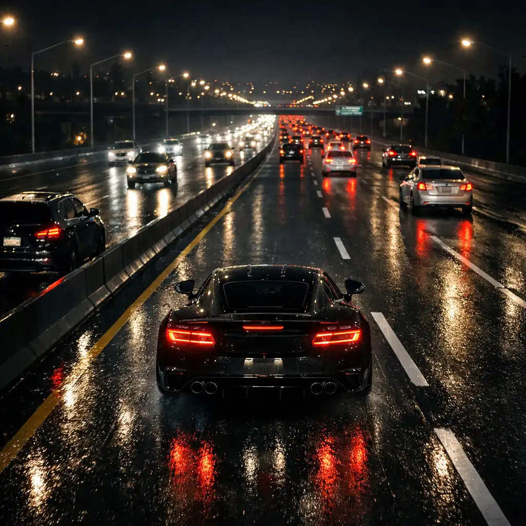 Sportowy samochód widziany z góry i z tyłu podczas przejazdu przez nocny ruch na szerokiej autostradzie