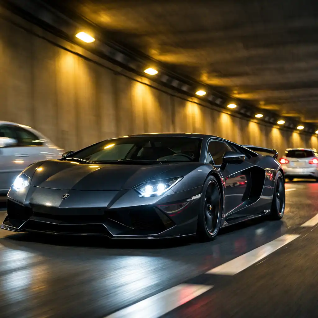 Grafitowe sportowe auto jedzie w ruchu przez oświetlony nocny tunel