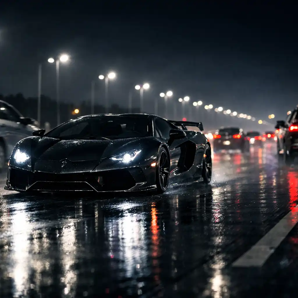 Nisko zawieszony supersamochód na mokrej nocnej autostradzie, z reflektorami odbijającymi się w asfalcie